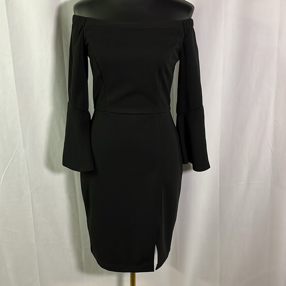 NWT ABS Collection Black Off Shoulder Crepe Scuba Knit Bell Sleeve Dress
